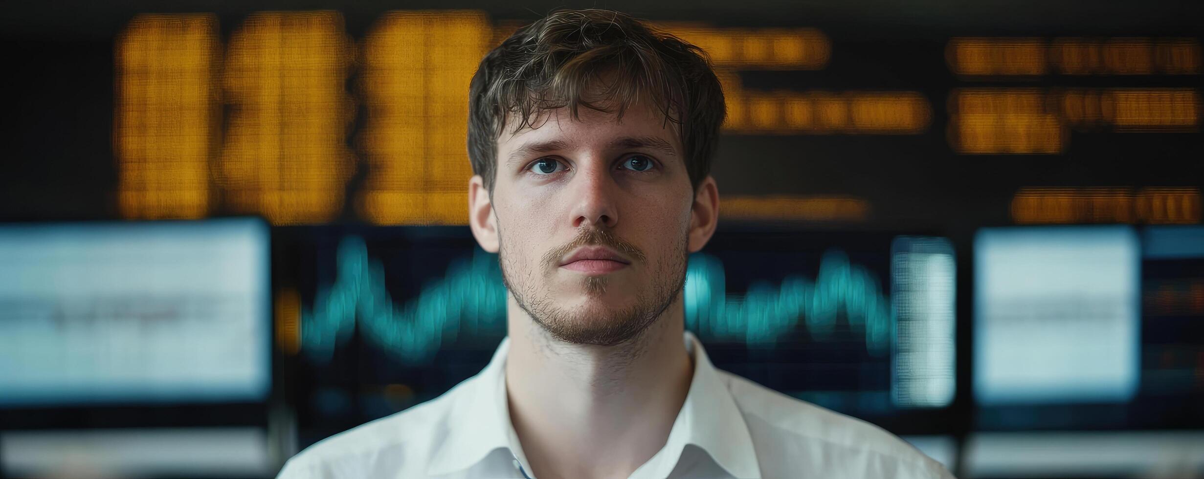 Focused man analyzing data on multiple computer screens in modern business environment photo