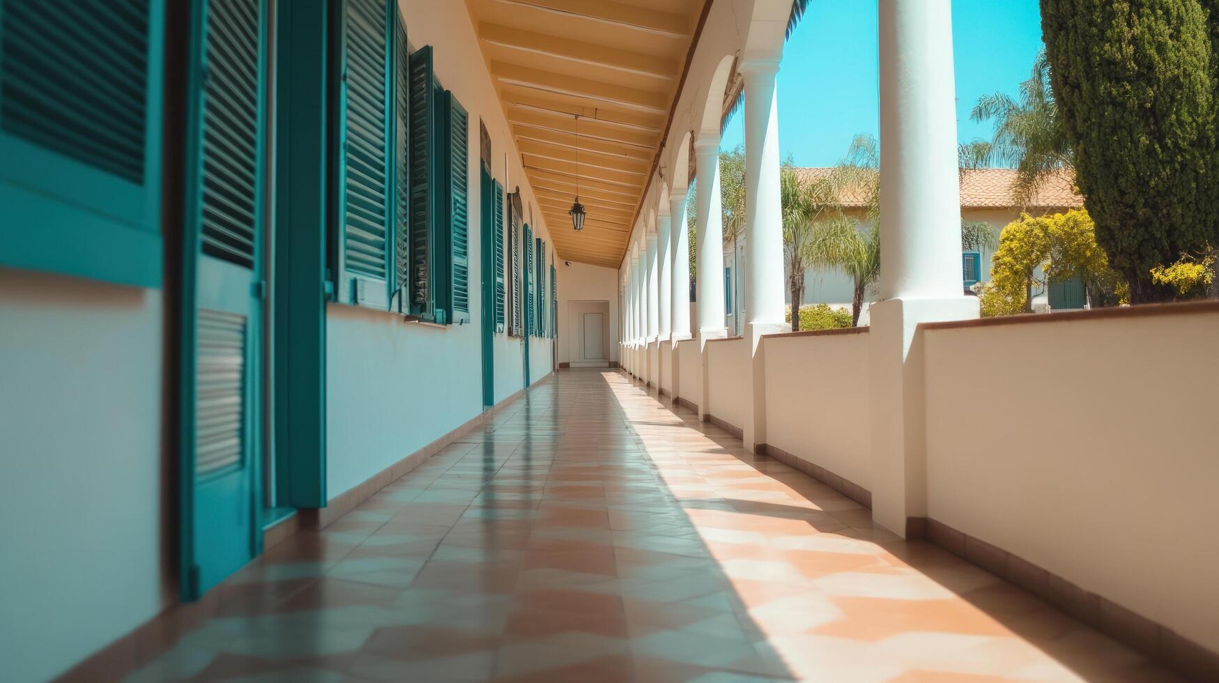 Covered walkway with columns and windows in architectural setting photo