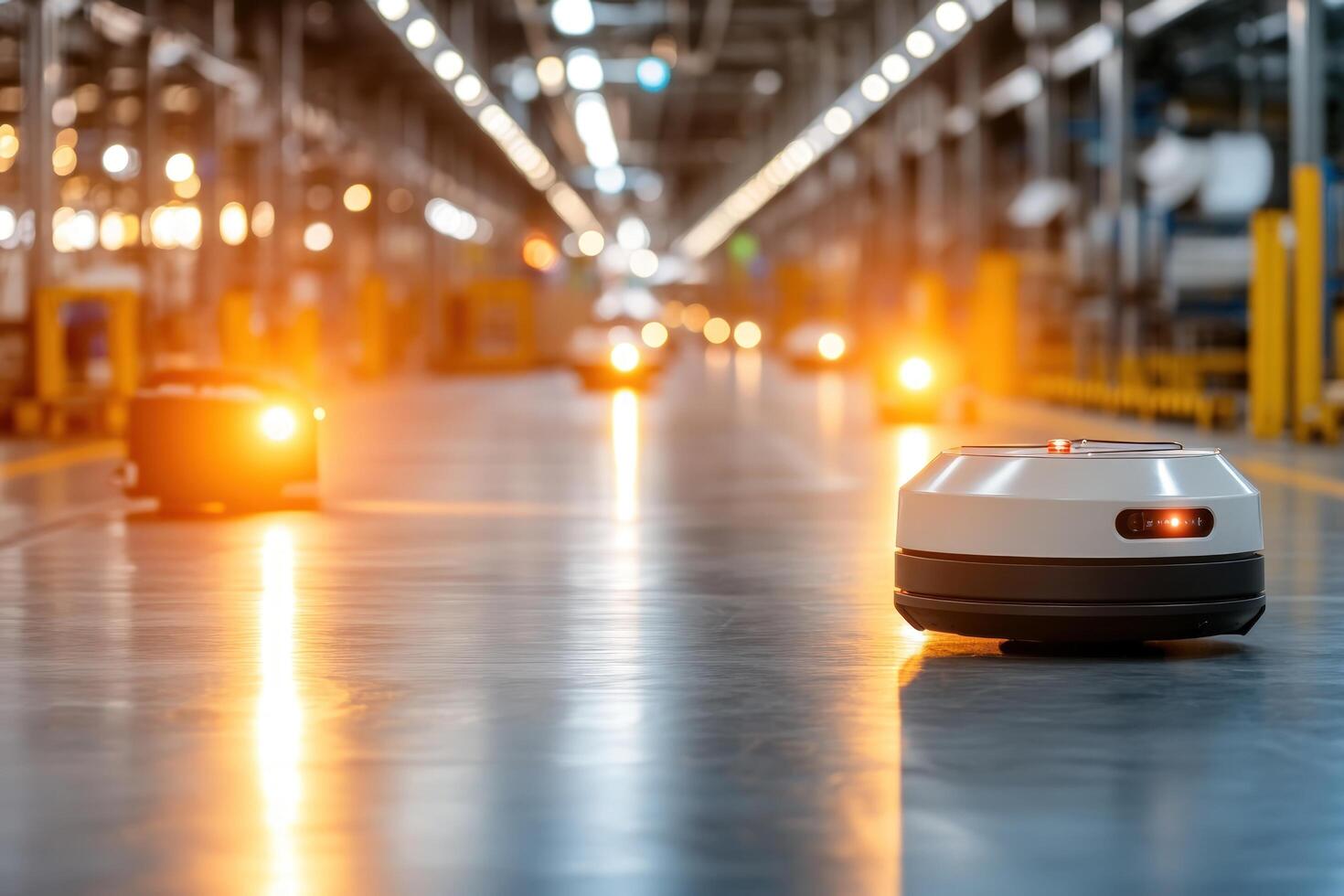 Automated guided vehicles navigating in modern industrial factory setting for smart manufacturing and automation photo