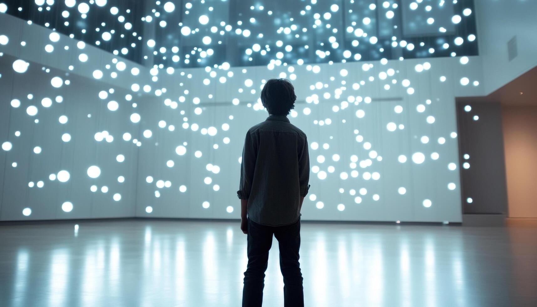 Child standing in modern exhibition hall watching abstract glowing light particles creating futuristic data network pattern on wall and ceiling photo
