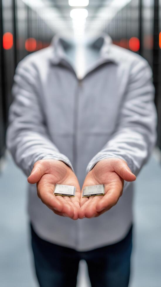 Microchip presentation in server room for technology and data solutions photo