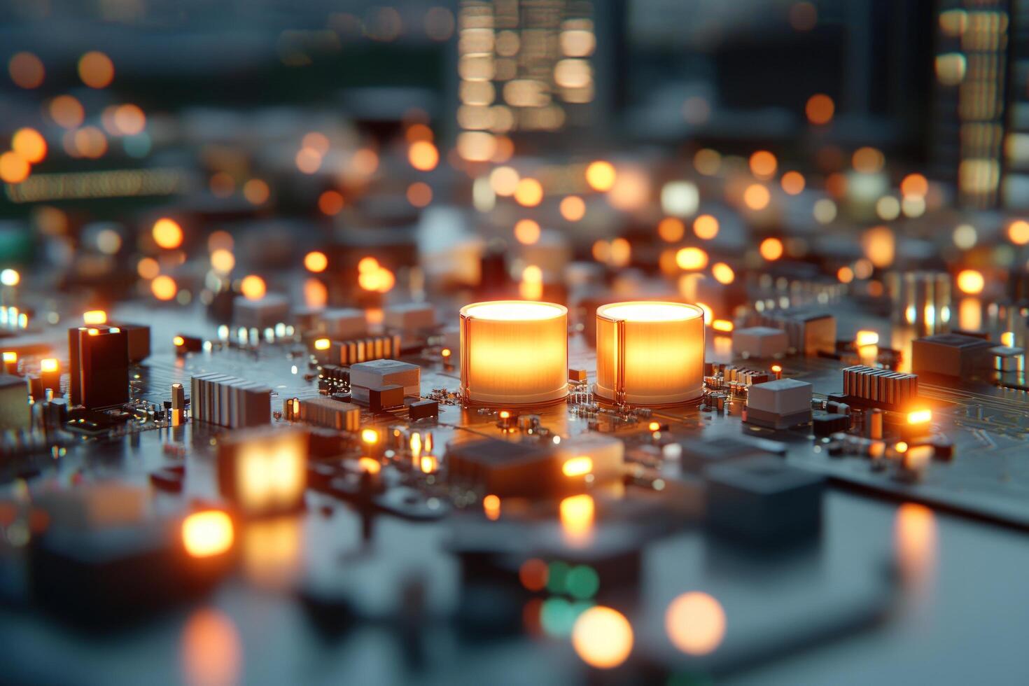 Intricate computer circuit board with glowing components and cityscape background illustrating advanced technology photo