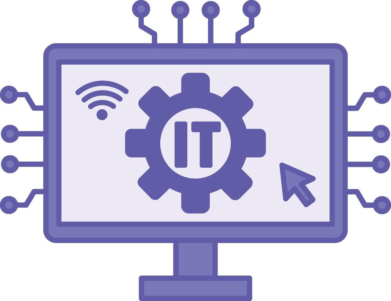 Colored Information Technology Icon. Illustration. Computer, Gear, Wi-Fi, and Computer Mouse Cursor. Data Collection, Processing, and Transfer to Get Information vector