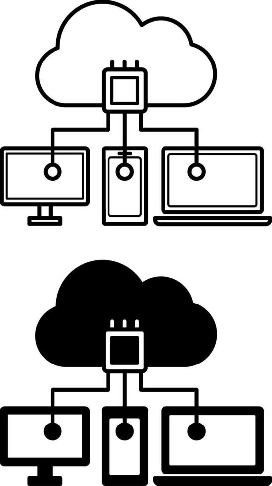 nube informática iconos negro y blanco ilustraciones. computadora, computadora portátil, teléfono interactuando con nube base de datos. Proporcionar informática recursos terminado Internet. información tecnología concepto vector