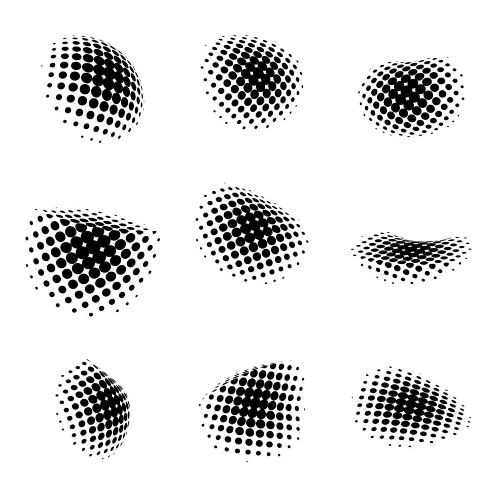 Set of 3D halftone dots curved gradient pattern texture isolated on white background. Curve dotted spots using halftone circle dot raster texture collection. Blot half tone collection. vector