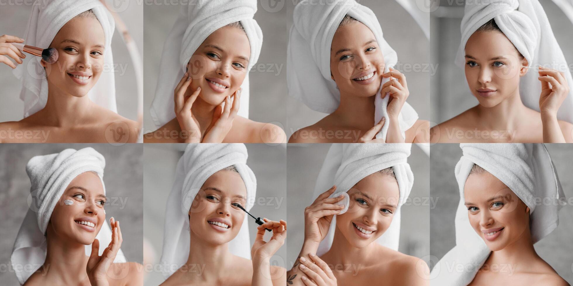 Multiple visuals depict a person enjoying a relaxing skin care session at home. The routine includes applying cream, using a brush, and gently touching the face while wrapped in a towel. photo