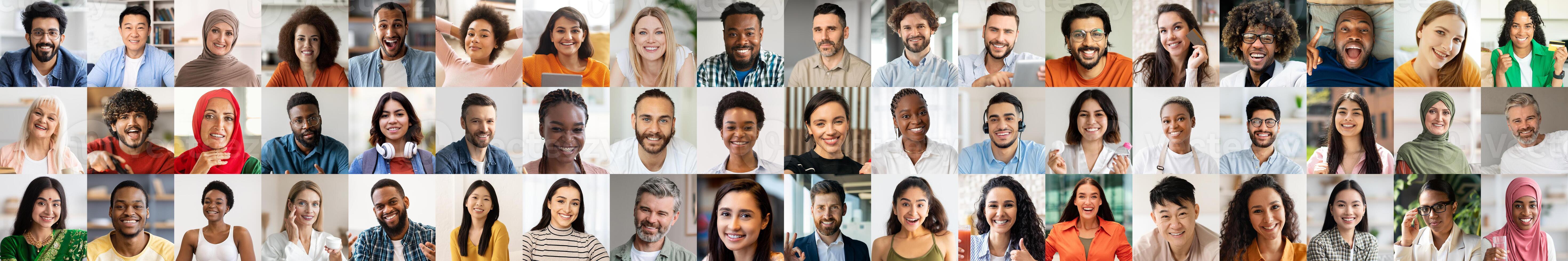 A colorful collection of happy, diverse faces showcases the richness of human emotion and connection. Each person reflects a unique background, celebrating unity in diversity and positivity. photo