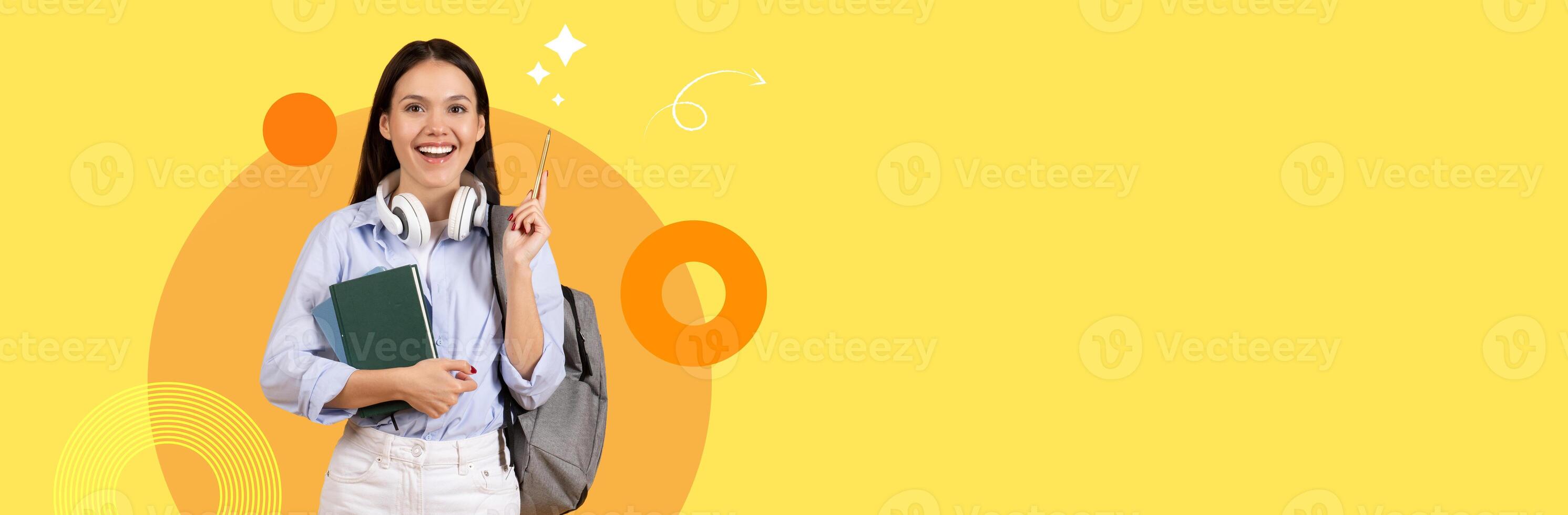 A cheerful student stands confidently with a backpack and books, holding a pointer. She is surrounded by a vibrant, modern background that reflects a dynamic educational environment. photo