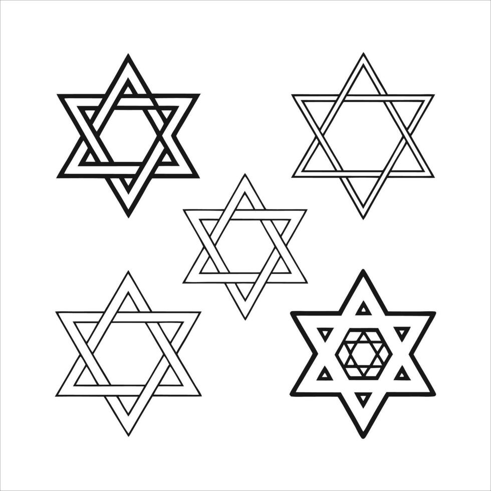 Collection of Stylized Star of David Illustrations Exploring Geometric Variations and Line Thickness on a White Background Representing Jewish Symbolism vector