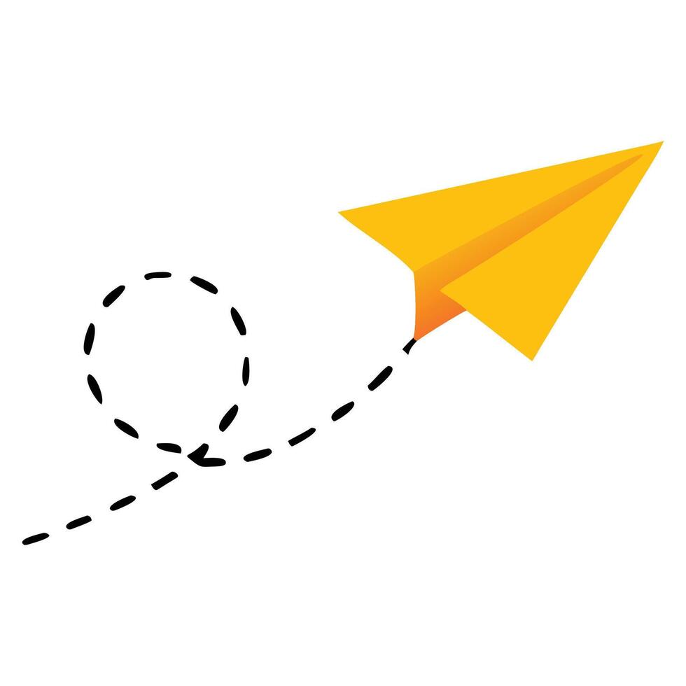 Yellow paper airplane flying with dashed line path vector