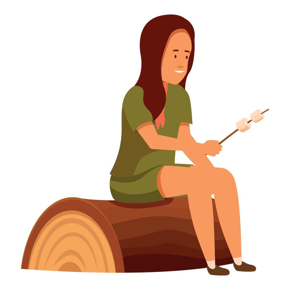 Scout roasting marshmallows on stick while sitting on log vector