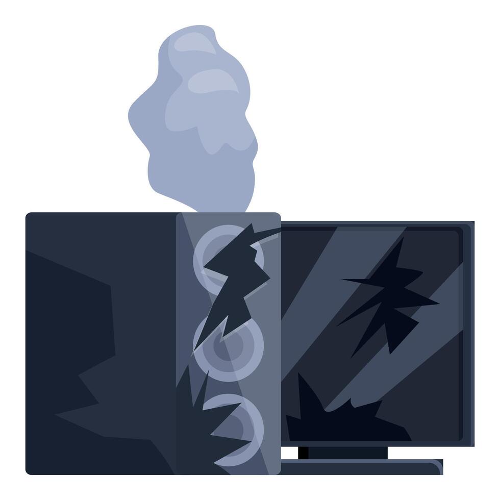 Broken computer and monitor emitting smoke after short circuit vector