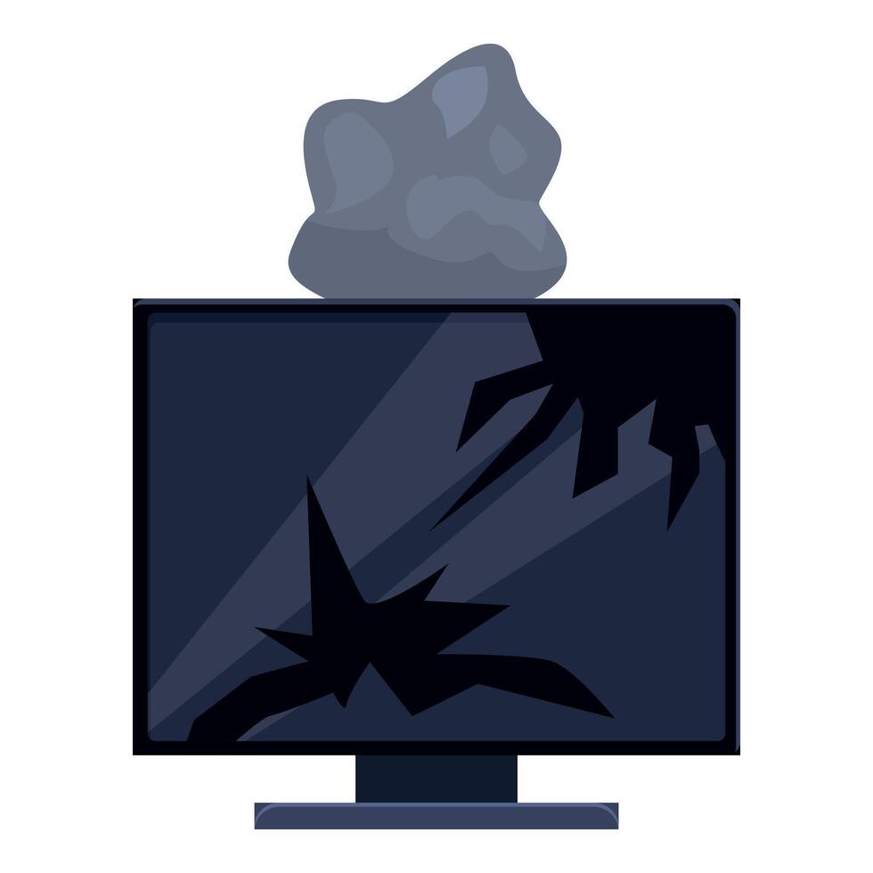 Broken computer screen with stone causing damage displaying cracks and smoke vector