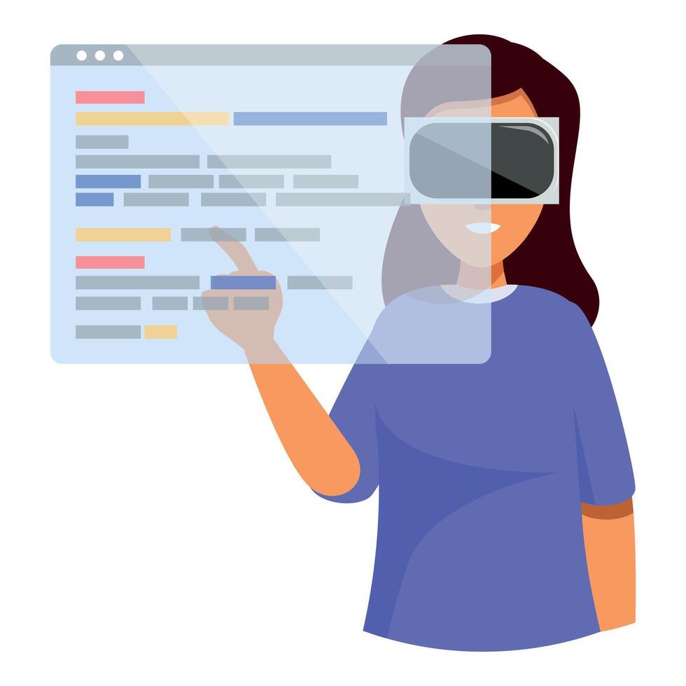 Woman programmer wearing vr headset working on transparent digital display, futuristic coding and software development vector