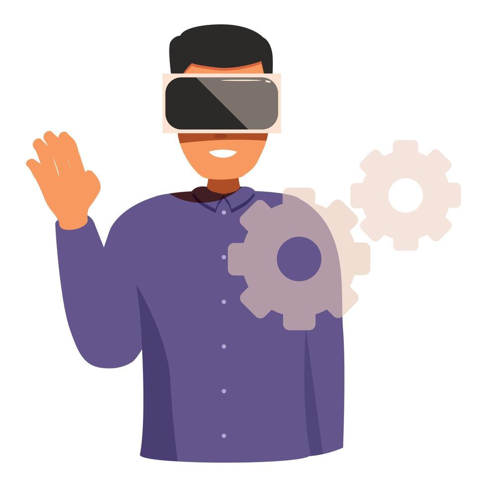 Software developer using virtual reality headset and interacting with gears vector