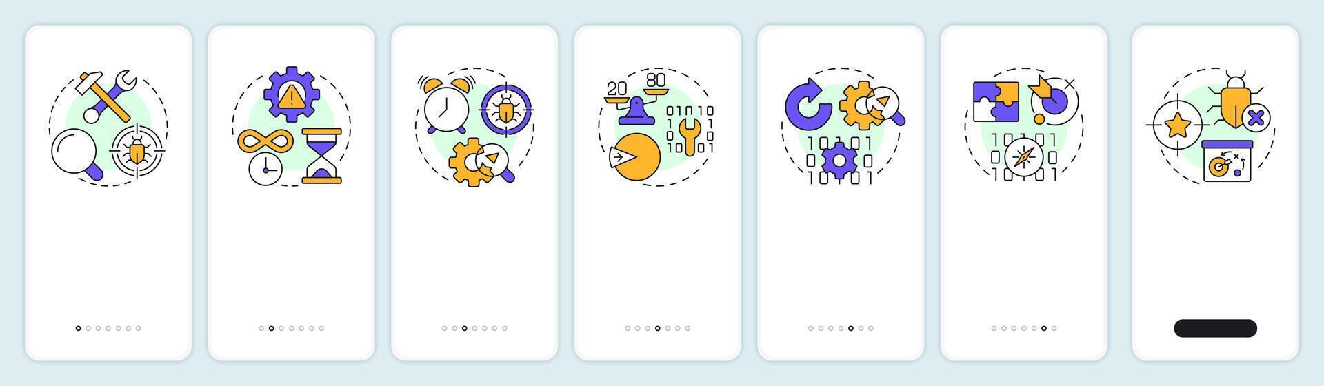 Software testing principles onboarding mobile app screen. Walkthrough 7 steps editable graphic instructions with linear concepts. UI, UX, GUI vector