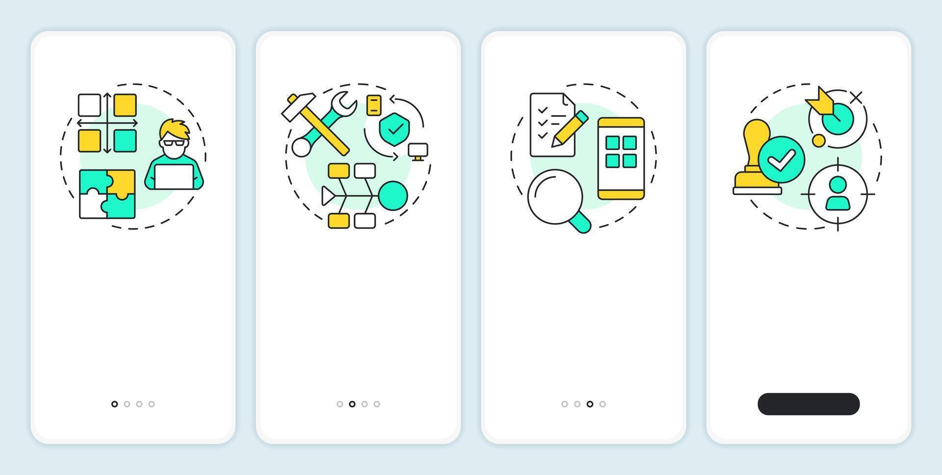Software testing levels onboarding mobile app screen. Programming process. Walkthrough 4 steps editable graphic instructions with linear concepts. UI, UX, GUI vector