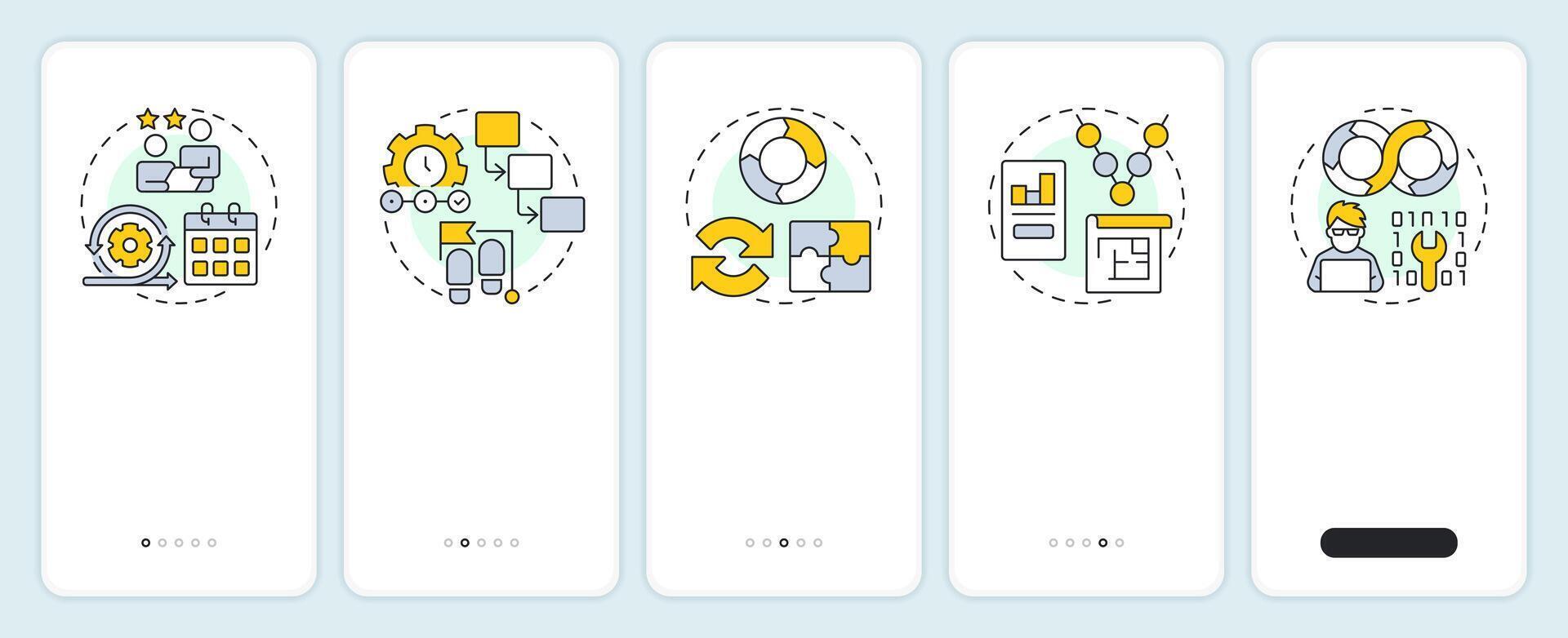 Software development life cycle models onboarding mobile app screen. Walkthrough 5 steps editable graphic instructions with linear concepts. UI, UX, GUI vector
