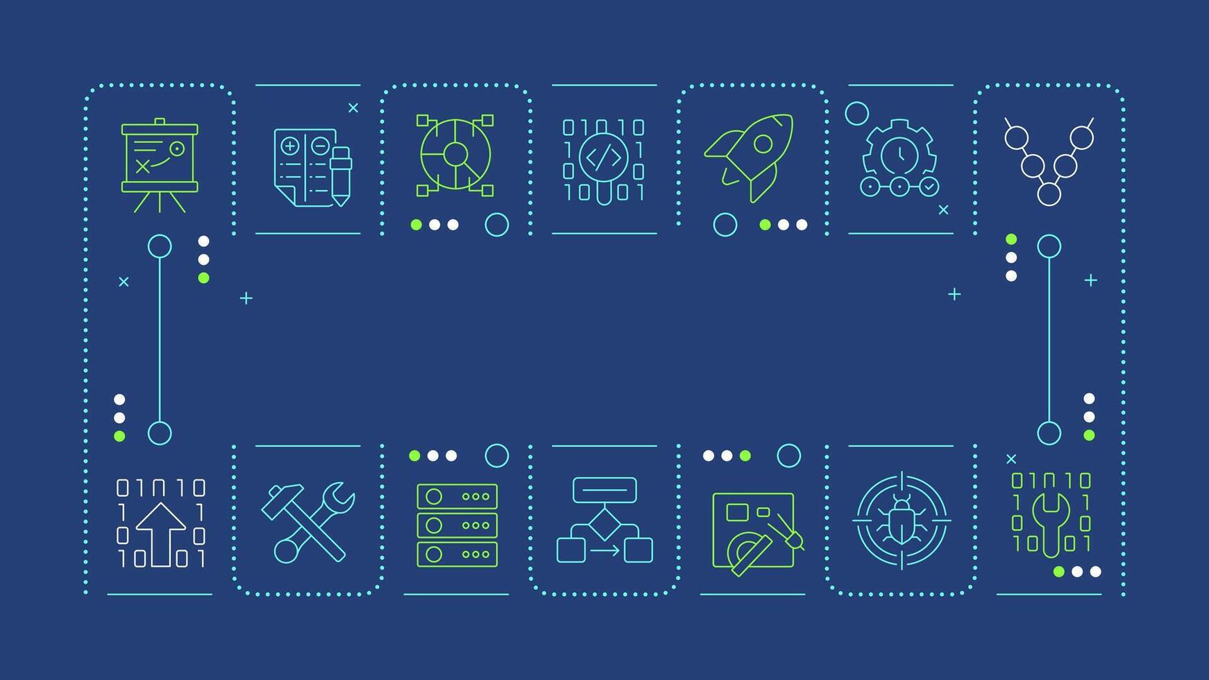 Software development blue word concept. Programming workflow, data organization. Bug analysis. Horizontal image. Headline text surrounded by editable outline icons vector