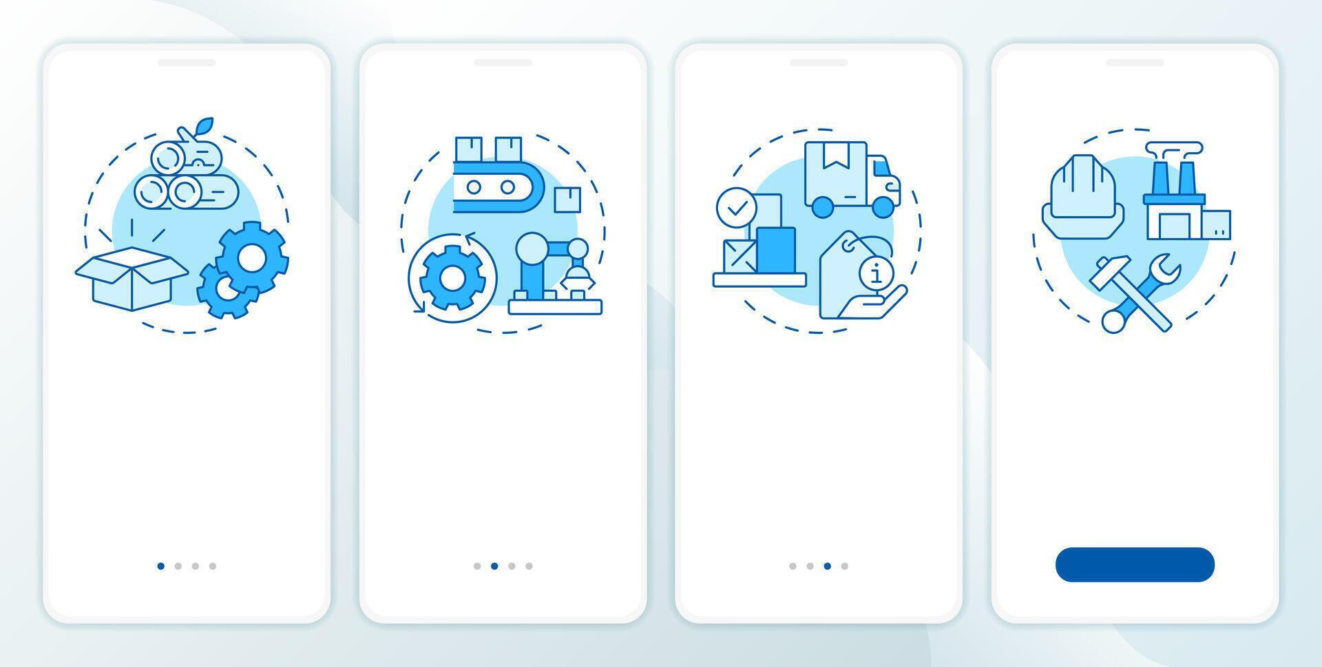 Types of inventory blue onboarding mobile app screen. Supplies control. Walkthrough 4 steps editable graphic instructions with linear concepts. UI, UX, GUI vector