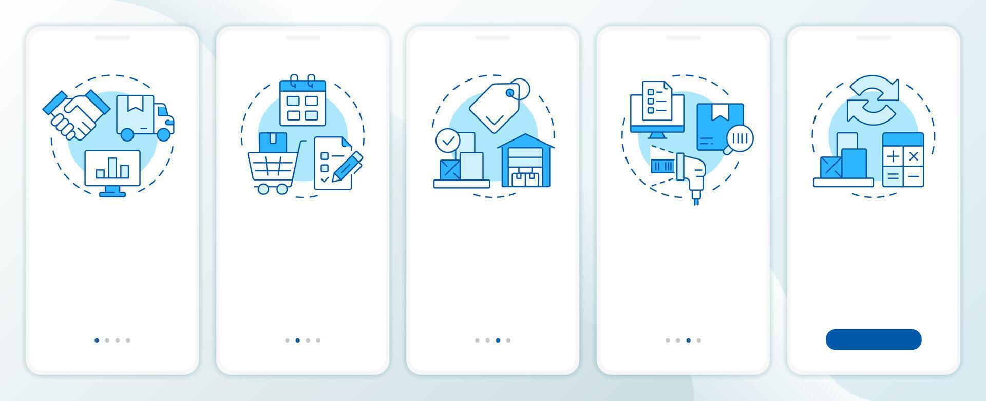 Steps of inventory management process blue onboarding mobile app screen. Walkthrough 5 steps editable graphic instructions with linear concepts. UI, UX, GUI vector