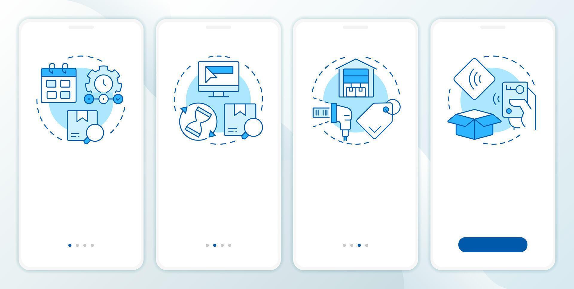 Inventory management systems blue onboarding mobile app screen. Supplies. Walkthrough 4 steps editable graphic instructions with linear concepts. UI, UX, GUI vector