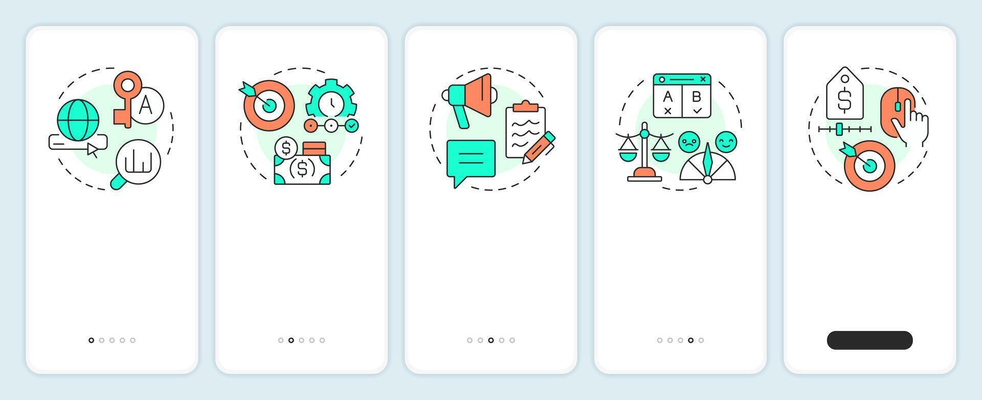 SEM campaign strategies onboarding mobile app screen. Keywords research. Walkthrough 5 steps editable graphic instructions with linear concepts. UI, UX, GUI vector