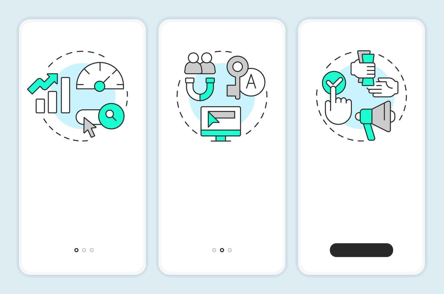 Search engine marketing onboarding mobile app screen. Lead generation. Walkthrough 3 steps editable graphic instructions with linear concepts. UI, UX, GUI vector