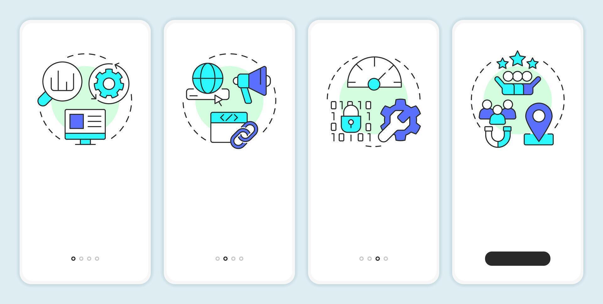 Search engine optimization onboarding mobile app screen. Walkthrough 4 steps editable graphic instructions with linear concepts. UI, UX, GUI vector