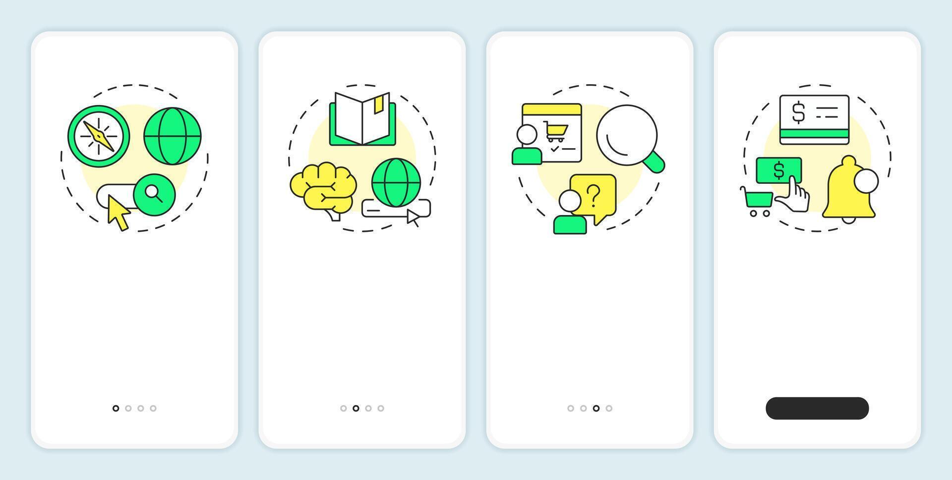usuario márketing inducción móvil aplicación pantalla. cliente servicio. recorrido 4 4 pasos editable gráfico instrucciones con lineal conceptos. ui, ux, gui vector
