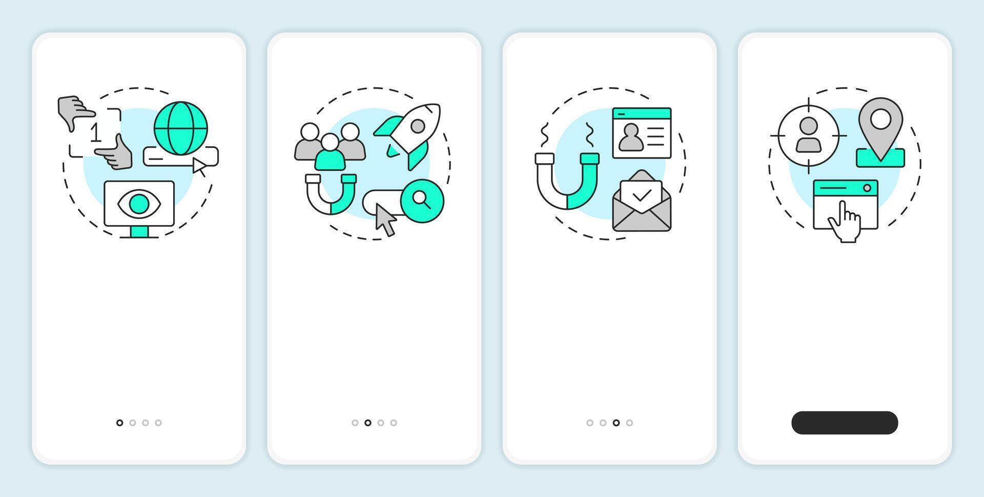 Search engine marketing benefits onboarding mobile app screen. Walkthrough 4 steps editable graphic instructions with linear concepts. UI, UX, GUI vector