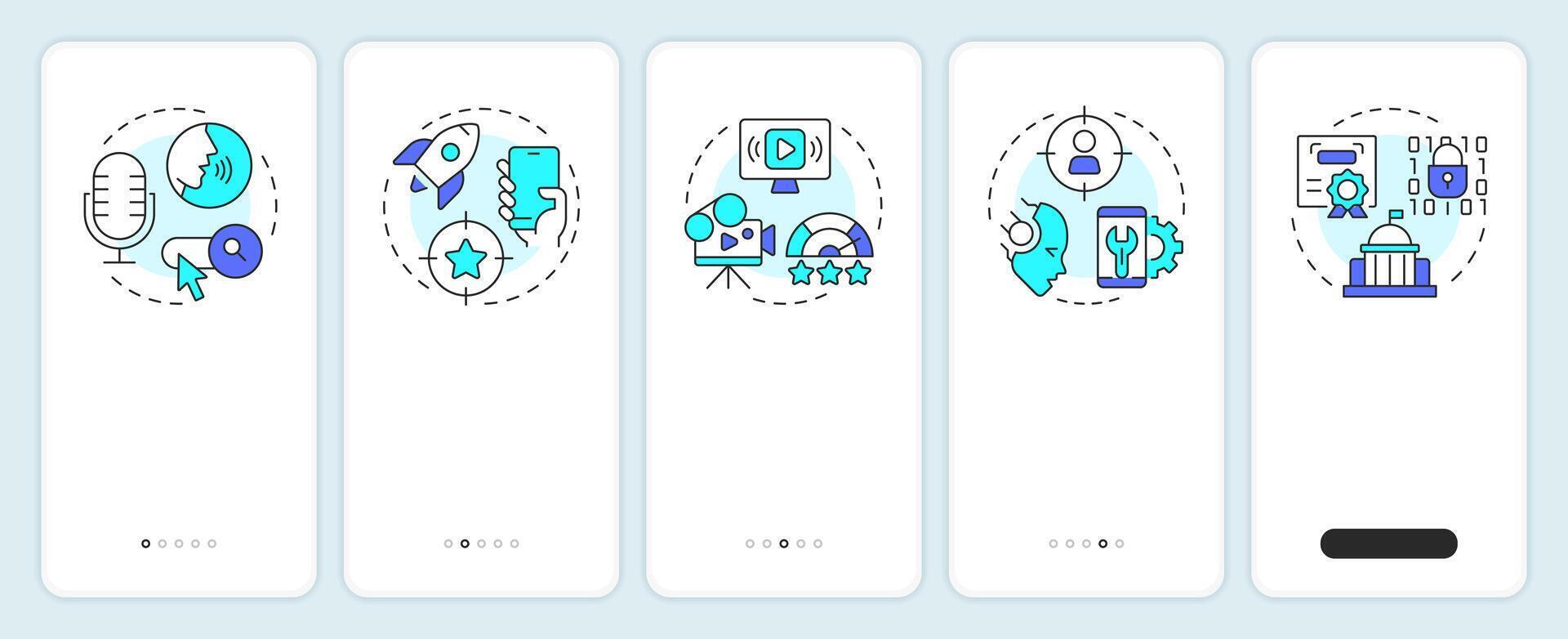 SEM future onboarding mobile app screen. marketing. Walkthrough 5 steps editable graphic instructions with linear concepts. UI, UX, GUI vector