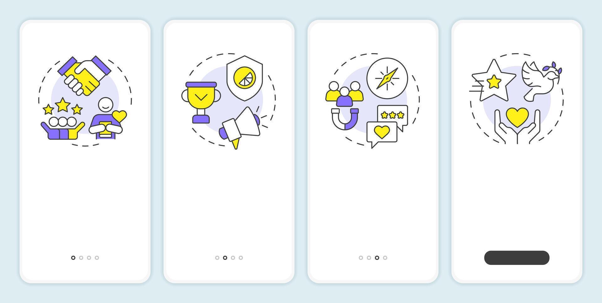 Benefits of ethical branding onboarding mobile app screen. Corporate. Walkthrough 4 steps editable graphic instructions with linear concepts. UI, UX, GUI vector
