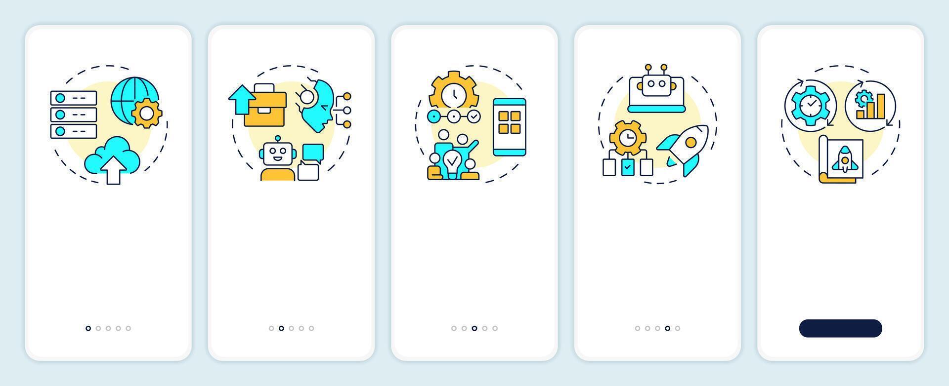 Digital technologies onboarding mobile app screen. Business processes. Walkthrough 5 steps editable graphic instructions with linear concepts. UI, UX, GUI vector