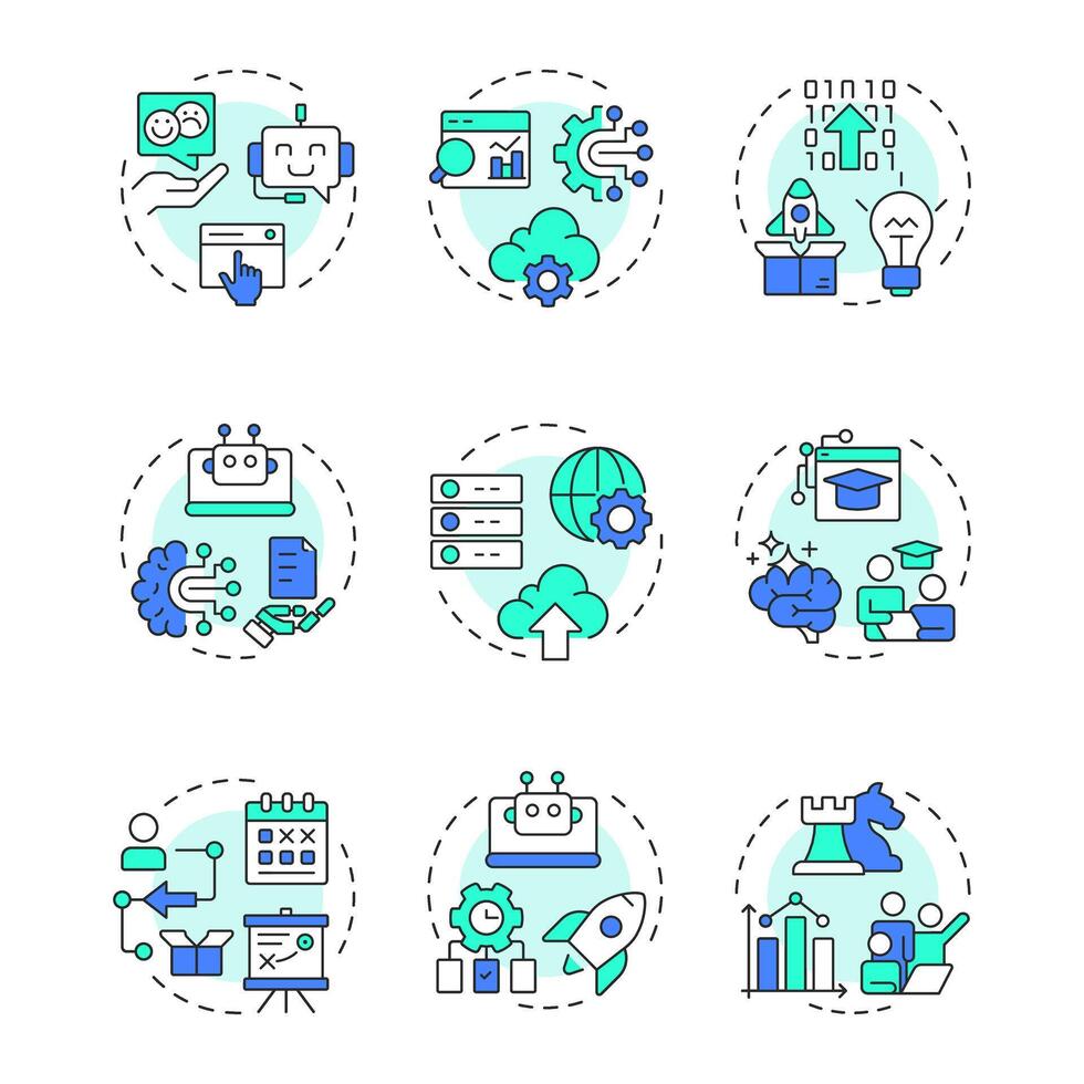 Digital transformation multi color concept icons. Business innovation, cloud technology. Icon pack. Round shape illustrations for infographic, presentation. Abstract idea vector