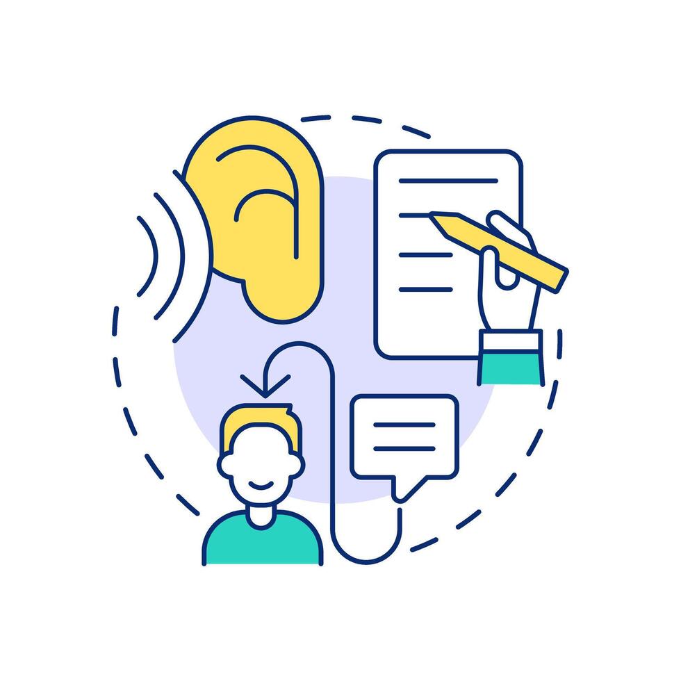 Comprehensive listening multi color concept icon. Studying process, learning. Document writing. Round shape line illustration. Abstract idea. Graphic design. Easy to use in booklet, blog post vector