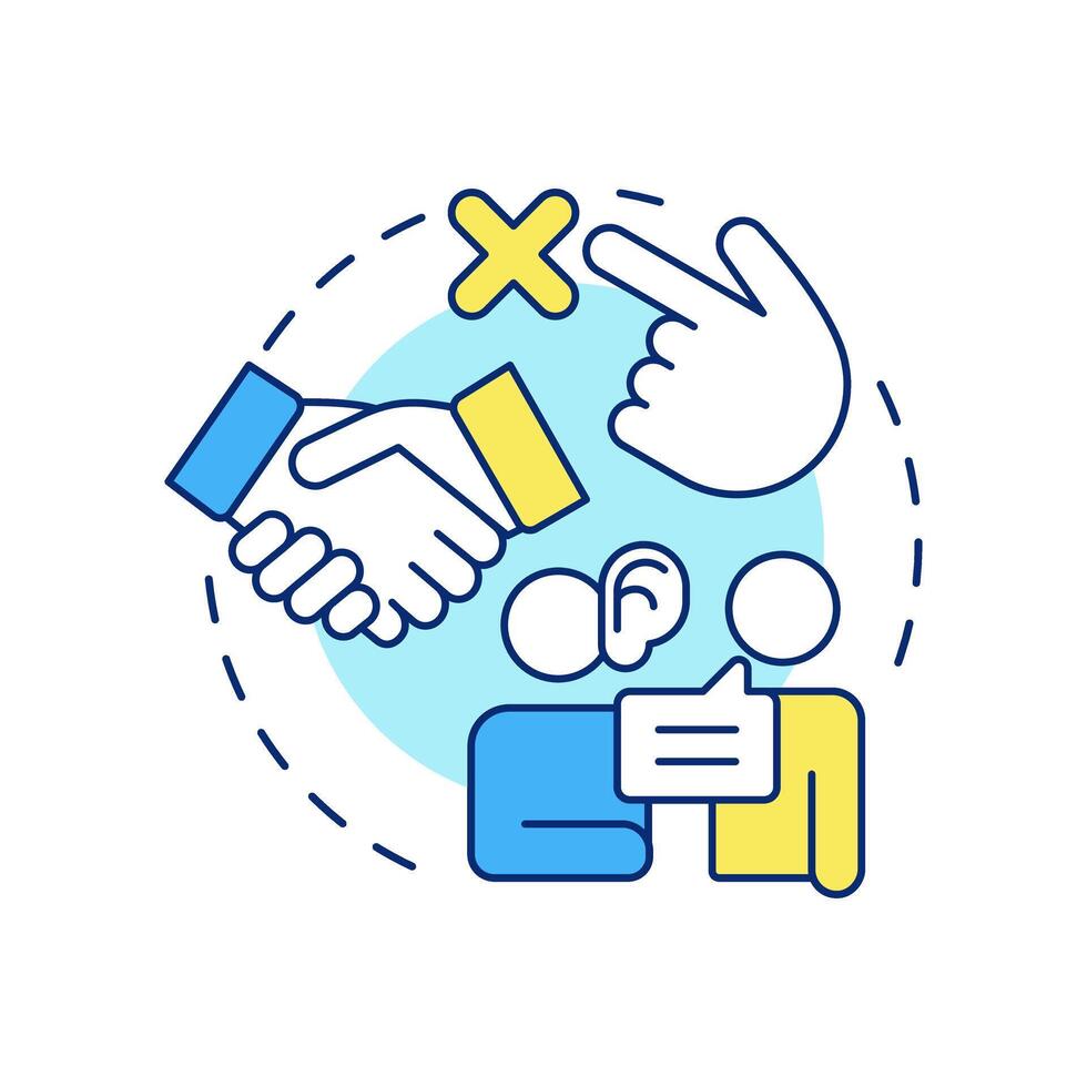 Withhold judgment multi color concept icon. Partnership, friendship. Active listening, communication. Round shape line illustration. Abstract idea. Graphic design. Easy to use in booklet, blog post vector