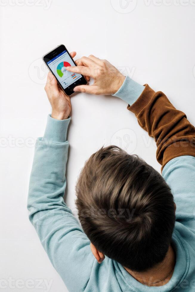 Young man using smartphone to analyze data at a workspace with a minimalist background during daytime photo