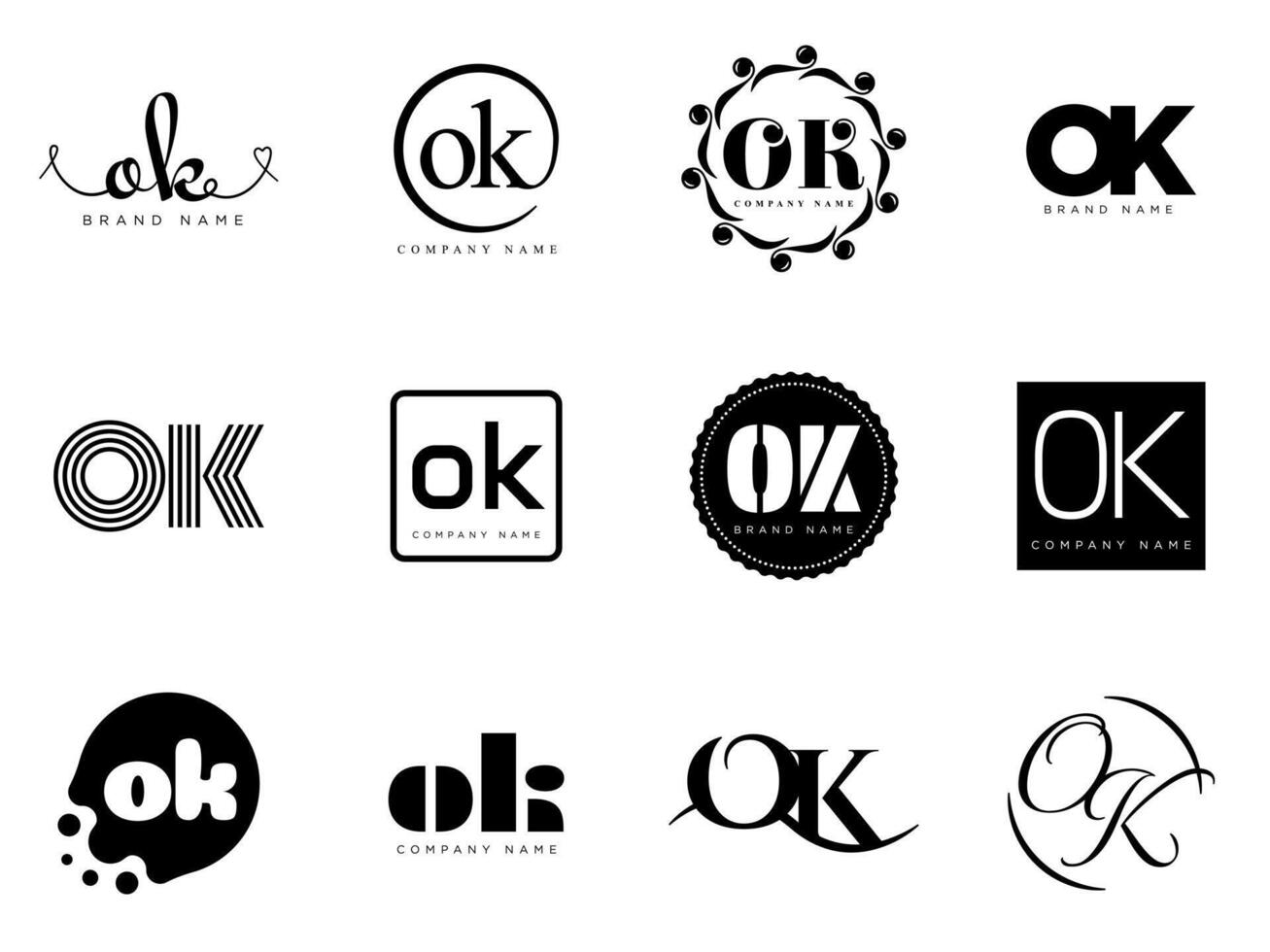 OK logo company template. Letter o and k logotype. Set different classic serif lettering and modern bold text with design elements. Initial font typography. vector