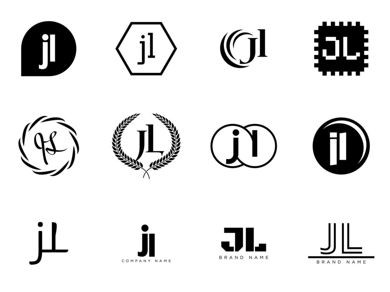 JL logo template. Letter j and l logotype. Set different classic serif lettering and modern bold text with design elements. Initial font typography. vector