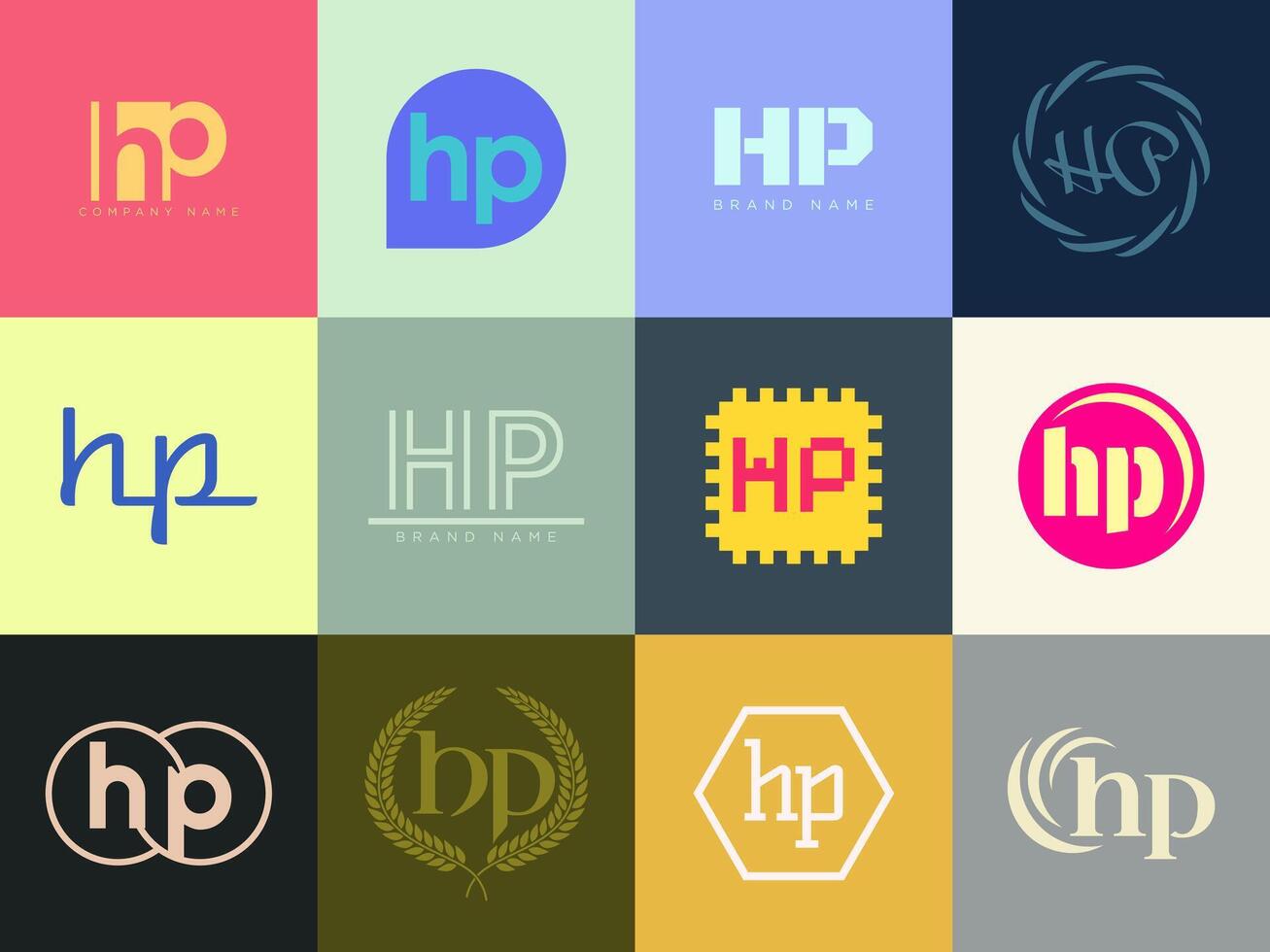 HP logo template. Letter h and p logotype. Set different classic serif lettering and modern bold text with design elements. Initial font typography. vector