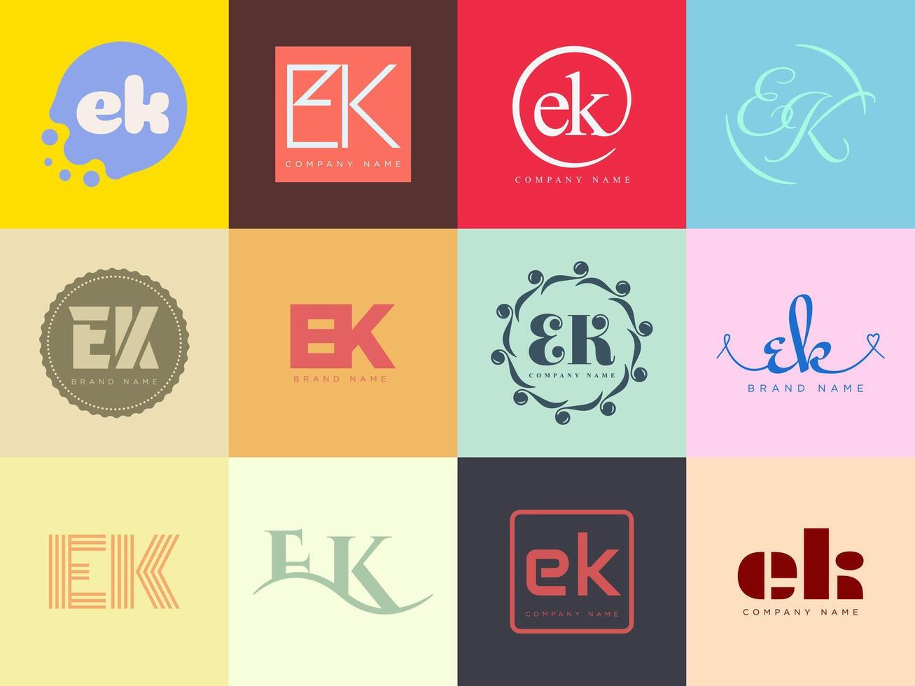 EK logo template. Letter e and k logotype. Set different classic serif lettering and modern bold text with design elements. Initial font typography. vector