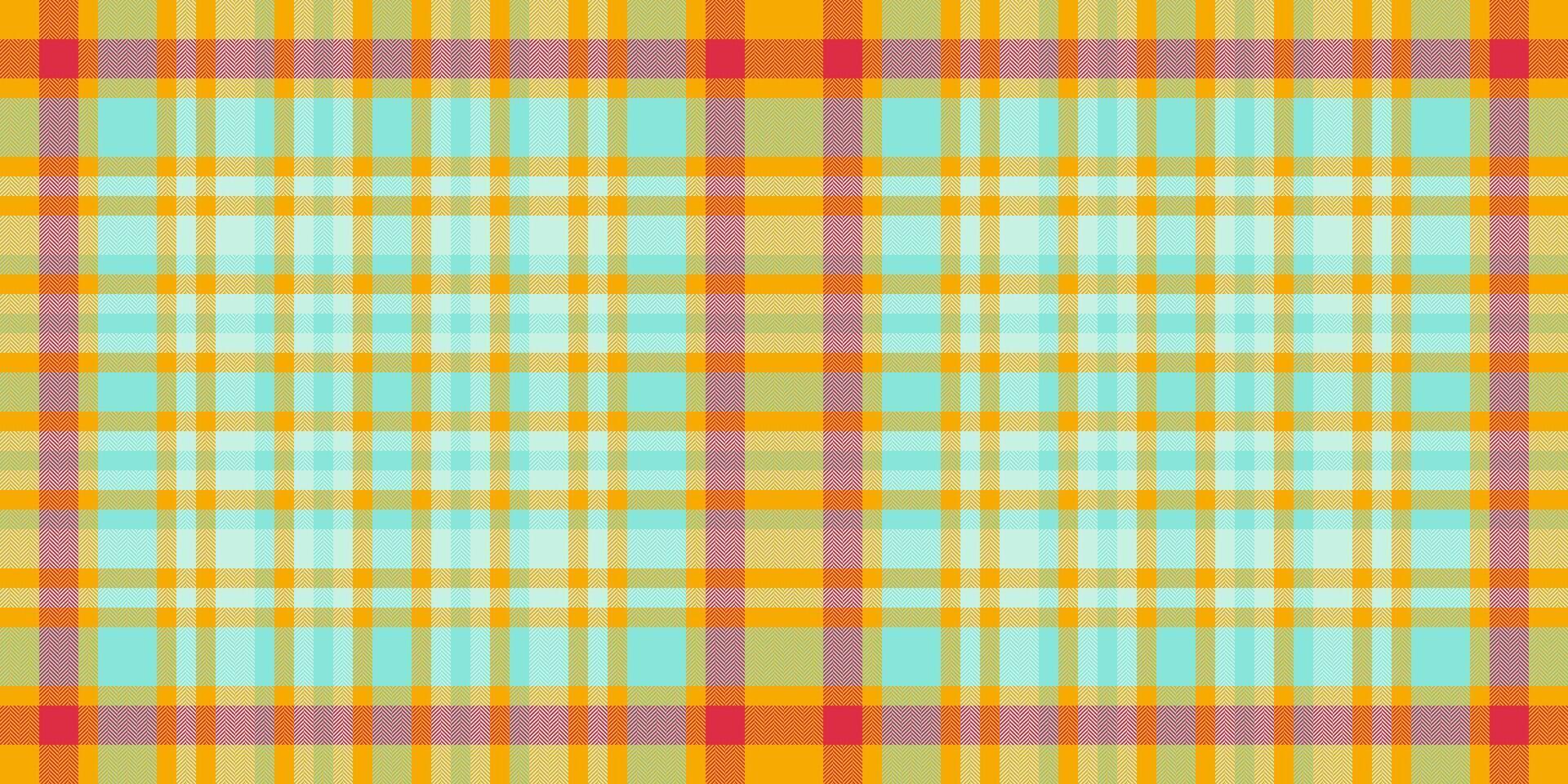 Vibrant plaid pattern featuring crisscrossing lines in turquoise, yellow, orange, and red. Use as backdrop, fabric design, or element for creative projects. vector