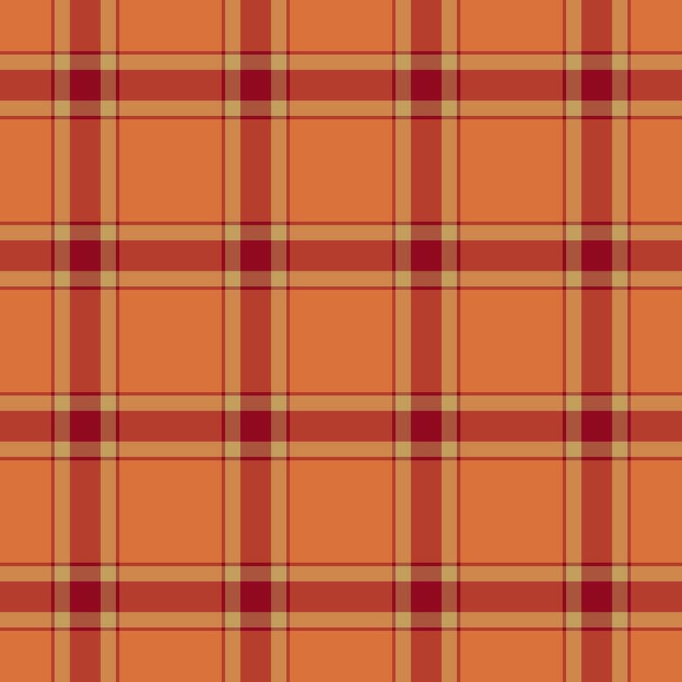 Warm, seamless plaid pattern. The tartan design features a woven, checkered style with orange, gold, and red lines. Ideal for backgrounds, textiles, and seasonal projects. vector