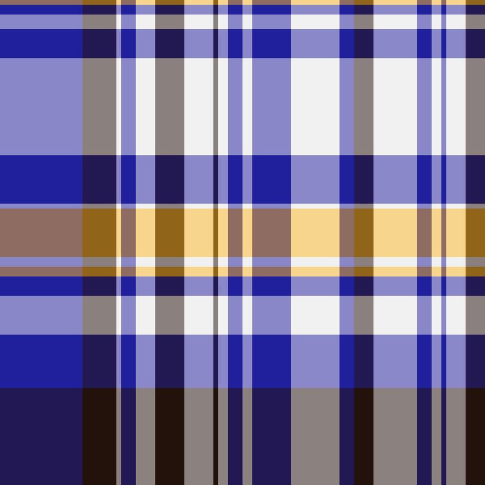 Geometric plaid design with intersecting lines in blue, grey, gold, and white. Versatile for backgrounds, textiles, or abstract artistic compositions. vector