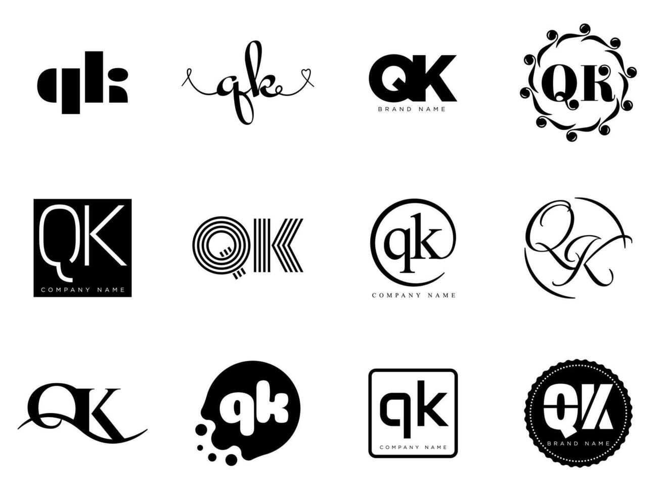 QK logo template. Letter q and k logotype. Set different classic serif lettering and modern bold text with design elements. Initial font typography. vector