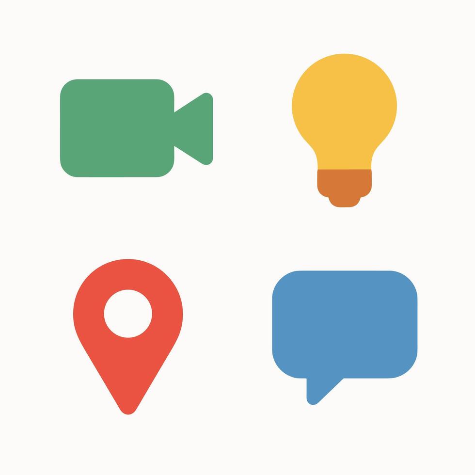 Minimalist Flat Color Icons Set Showing Location, Lightbulb, Camera, Chat vector