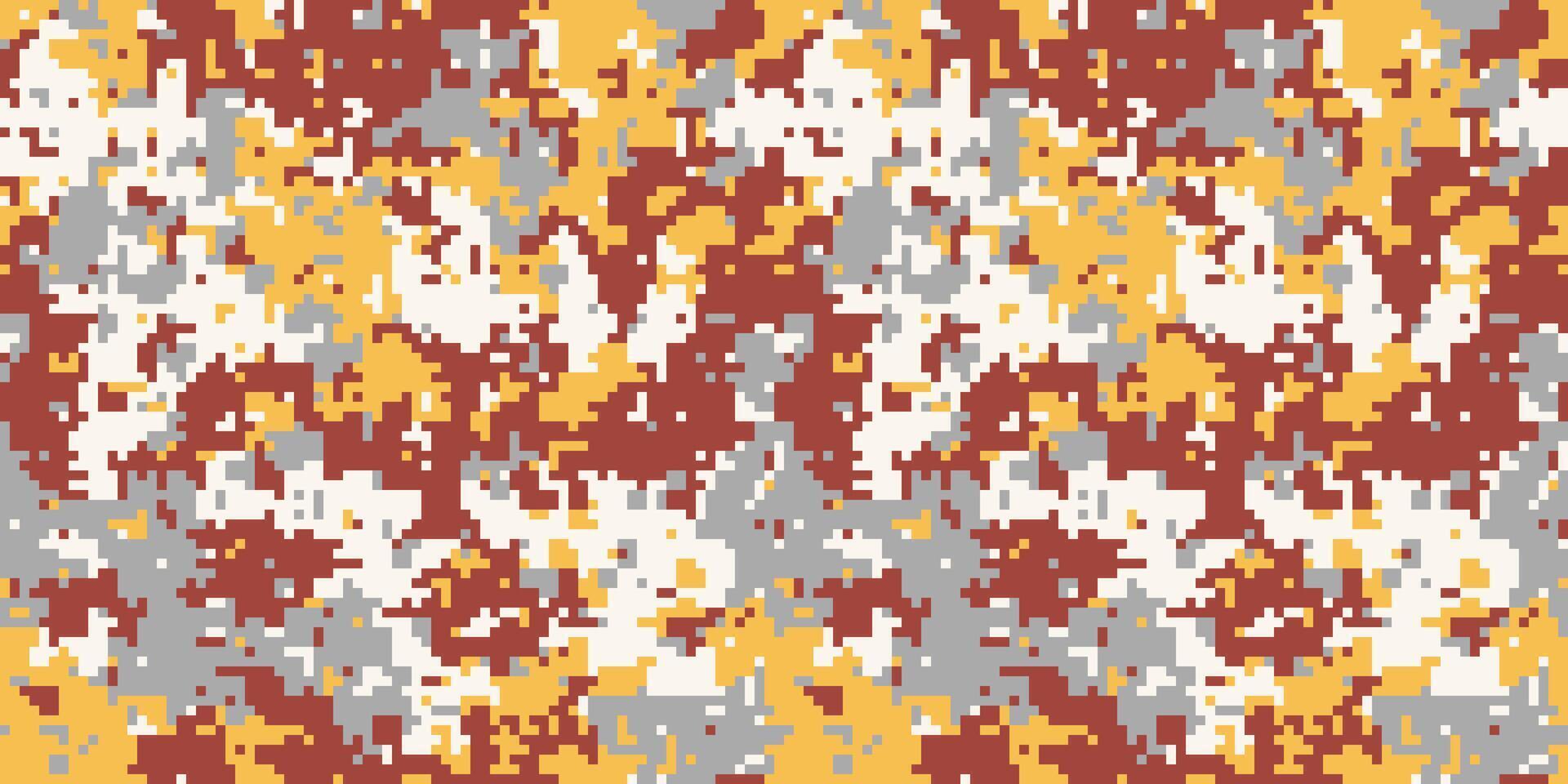 Abstract digital camouflage pattern in muted gold, red, gray, and white. Perfect for textile design, fashion, militarythemed projects, or creating a bold, textured background. vector