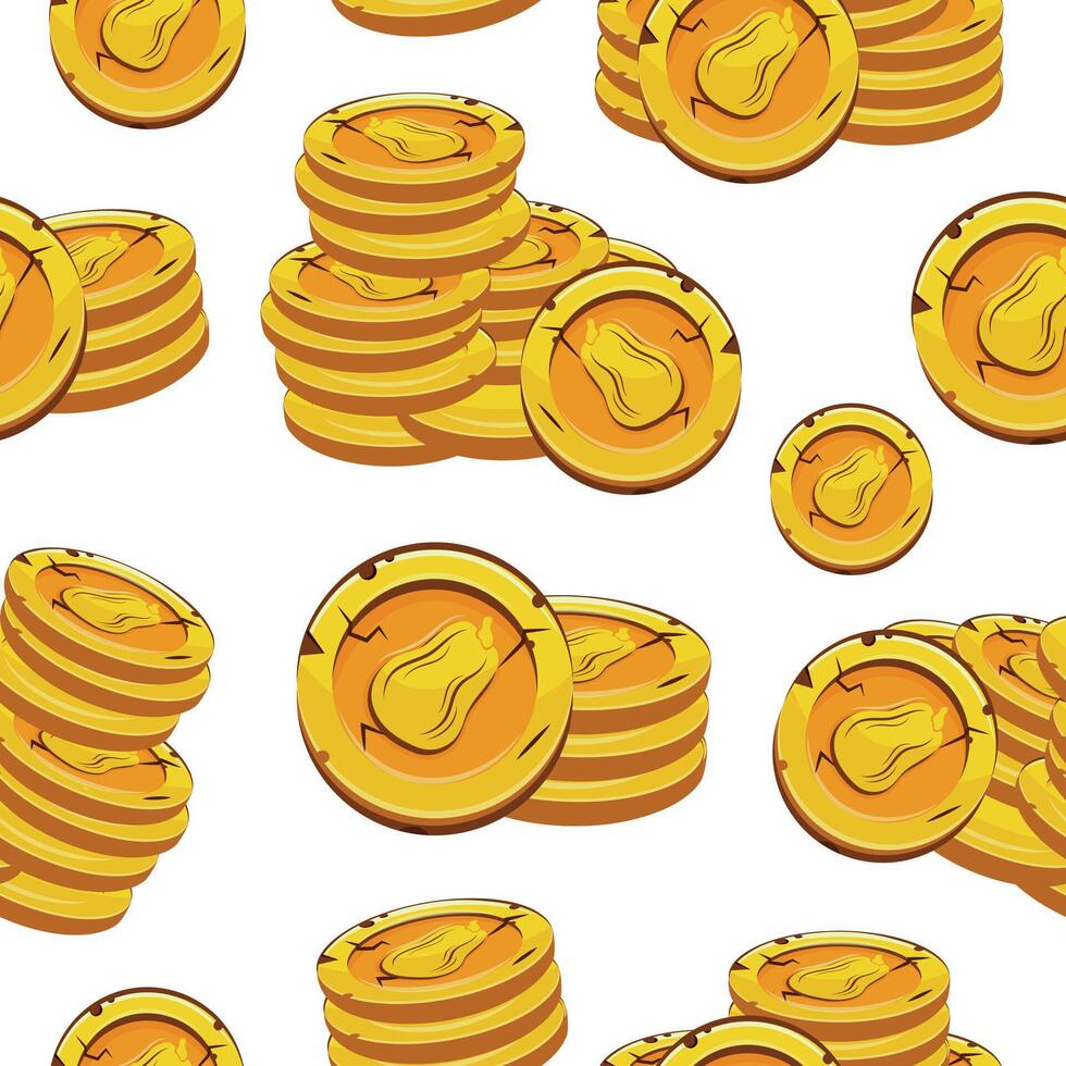 seamless pattern with yellow coins presented individually and in stacks of different sizes with autumn design of oval pumpkin, for mobile games, virtual currency or casino vector