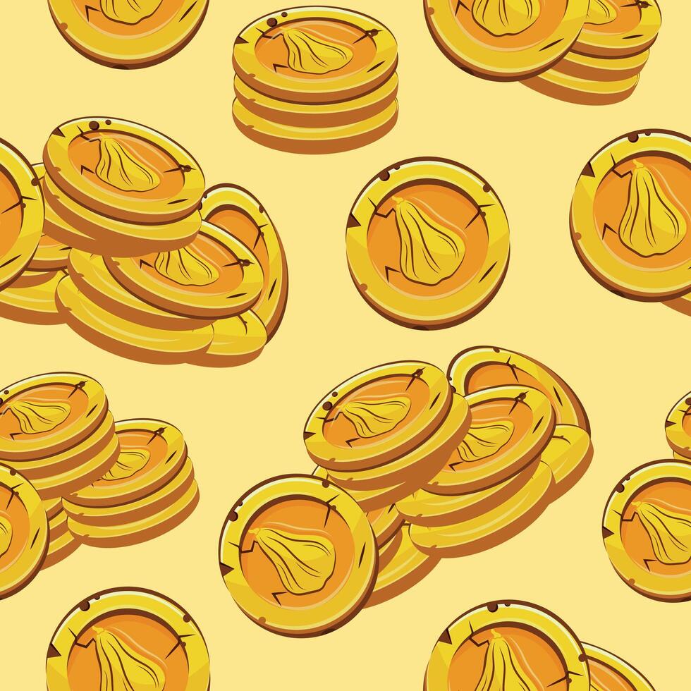 seamless pattern with yellow coins presented individually and in stacks of different sizes with autumn design of long pumpkin shape on yellow background, for mobile games, virtual currency vector